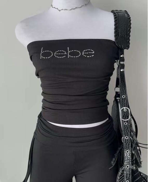 Bebe Black Tube Top Cute Crop Black Bebe Tube Tank Tops BEBE y2k Pink Rhinestone