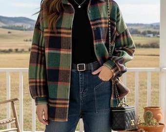 Chaqueta de franela a rayas a cuadros, abrigo, camisa de manga larga a capas con botones, abrigo de lana, camisa larga a cuadros, puños abotonados, top extragrande