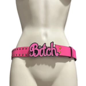 Cinturón retro rosa BITCH con hebilla punk Y2K de metal con diamantes rosas y letras de cuero Z