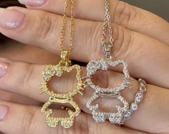 2PCS Kitty Pendant Necklace Set – Stylish Women's Fashion Jewelry with Zircon Accents, Titanium Steel, Trendy Hello Cat Design