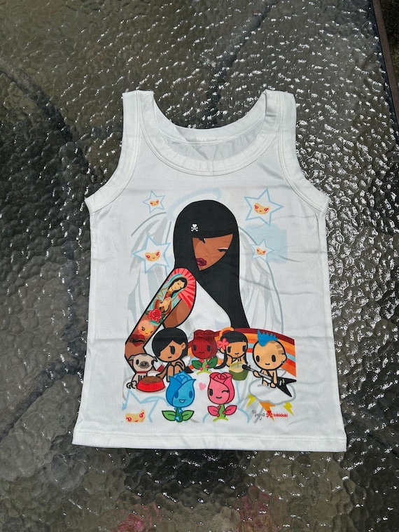 Toki Doki Anime Manga Tops Y2K Angelcore Tank Japanese Fashion Streetwear Harajuku Ribbed Graphic Tee Full Length Shirts Wide Strap Tokidoki