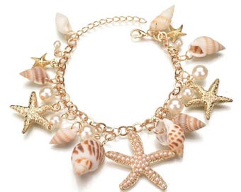 Seashell and Starfish Ocean Pearl Charm Conch Shells Boho Mermaid, femme Medusa style Nautical Statement, Bohemian Bracelet/Anklet