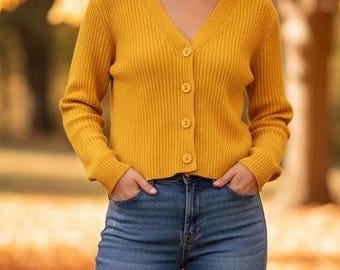 Damesvest met diepe V-hals, vest met lange mouwen, button-up trui, geribbeld gebreide top, sweater met dikke ribbels