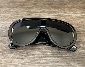 Vintage Black Acetate Shield Sunglasses Futuristic Oversized Mirror Shades