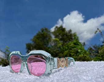 Luxe Designer Art Deco Transparent Blue Frame  Pink Lens Trending 2025 Y2K Sunglasses Fashion Sun Glasses Eyewear Outdoor UV400 Protection