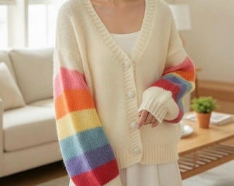 Women’s Rainbow Color Oversized Cardigan Sweater Button Down Sweater