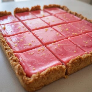 May include: A rectangular dessert with a golden-brown crust and a vibrant pink filling, cut into squares. The pink filling is smooth and glossy, with small flecks of yellow zest sprinkled on top. A delicious treat.