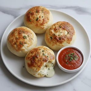 Peut inclure: Quatre petits pains dorés, saupoudrés d'herbes, sont disposés sur une assiette blanche. L'un d'eux est coupé, révélant du fromage fondu. Un petit bol de sauce rouge est à côté.