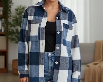 Chaqueta de cuadros para mujer, top a cuadros, camisa de franela de manga larga a rayas con abertura frontal, ropa informal de otoño, chaqueta a cuadros con botones