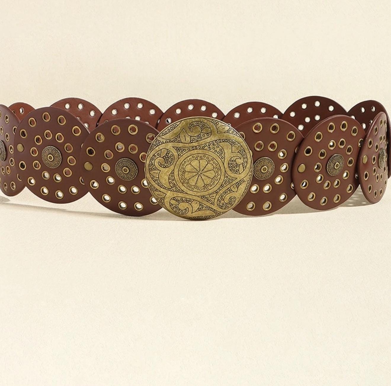 PU Leather Western Concho Belt for Women Cowgirl Boho Waist Belt Boho Fashion Faux Leather Western Concho Belt with Cross  main image 2