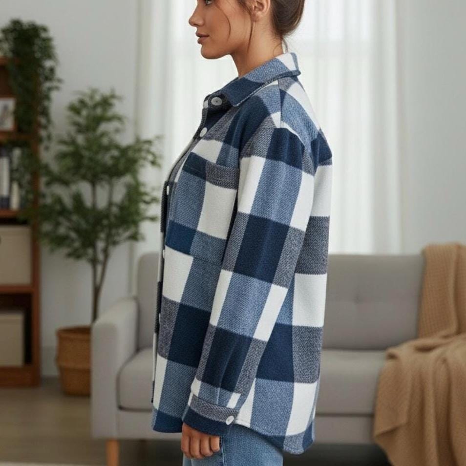 Open Front Shacket Pattern Women’s Plaid Pattern Shacket Checkered Layered Top Striped Long Sleeve ...