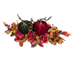 Velvet Pumpkin Fall Centerpiece – Autumn Table Decor with Faux Leaves, Berries, and Gourds, Thanksgiving Farmhouse Arrangement