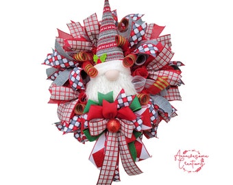 Gnome Christmas Wreath, Red, Gray and White Christmas Front Door Wreath, Christmas Decor, Christmas Wreath