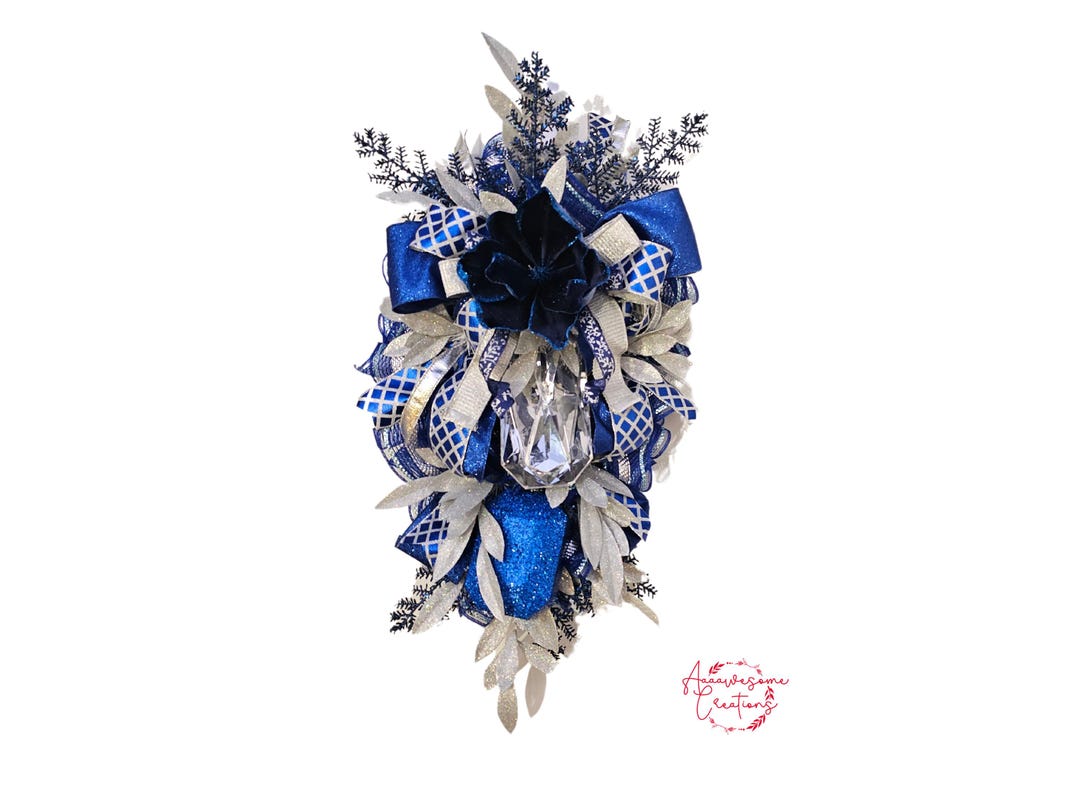 Blue & Silver Winter Wreath: Handmade Holiday Door Swag - Etsy