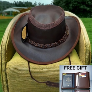 Leather Cowboy Hat - Unisex Handmade Western Style, Durable  Adjustable Fit, Perfect for All Occasions & Free Wallet Gift