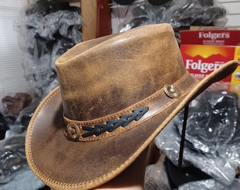 V VENTURE Handmade Cowhide Leather Cowboy Hat-Distressed Brown Western Outback Hat  Made in Pakistan