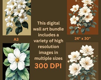White Floral Botanical Art Prints: Dark Academia Vintage Decor (Digital Download, Custom Sizes Available)