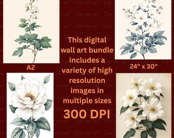 Neutral Botanical Print Set: Vintage White Floral Art (Digital Download, Customizable Sizes)