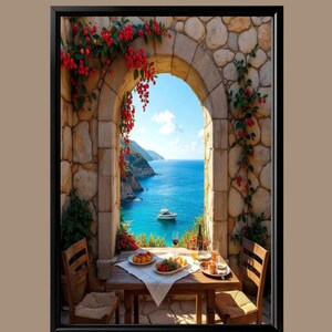 Coastal Arch Window Digital Art, Mediterranean Seascape Printable, Romantic Yacht Ocean View Wall Decor for Dining Room