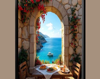 Mediterranean Archway Seascape Print: Romantic Coastal Dining Room Art (PDF Download 24"x36")