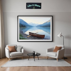 Mountain Lake Canoe Digital Art Printable, Serene Landscape Wall Decor, Calm Waters Nature Cabin Print, Instant Download