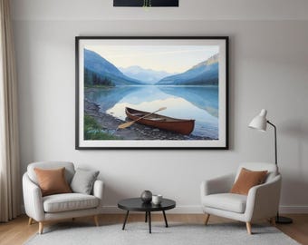 Mountain Lake Canoe Print: Serene Landscape Wall Art (Digital Download 36x24")