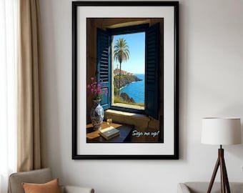 Mediterranean Window View Print: Coastal Village, Blue Shutters (Digital Download 24"x36")