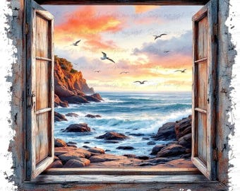 Coastal Window View Art Prints: Vintage Beach Sunset Set (Digital Download, 5 Sizes)