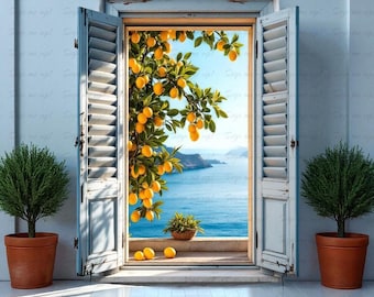 Mediterranean Lemon Tree Window Print: Coastal Ocean View (Digital Download, 24x36in JPG