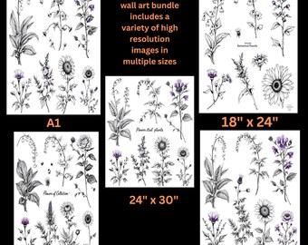 Vintage Botanical Prints Set: Customizable Plant Line Art Gallery Wall (Digital Download