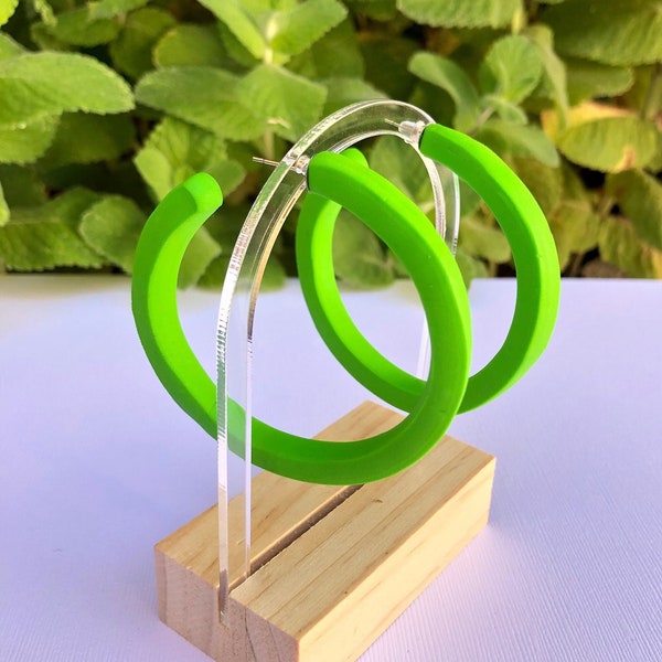 Large retro neon lime green square hoops /Summer polymer clay hoops/lightweight square tube hoops