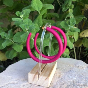 Large hot pink hoop earrings/pink polymer clay earrings/lightweight organic hoops/ handmade hoop gifts for her