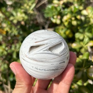 May include: A white and gray sphere with a carved design, held in a hand. The sphere has a textured surface with a pattern of curved lines. The background is blurred green foliage.