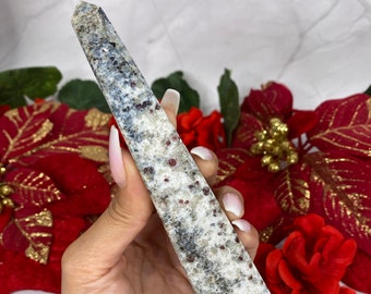 Rare Blue Tourmaline on Albite Tower, Multi Mineral Tower with Blue Tourmaline, Albite, Smokey Quartz, Garnet, and Mica,  Mined from Brazil