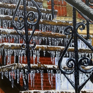 Frozen Stairs,  Montreal, Montreal Scenes, Montreal Stairs,  Montreal Winters, Ice, Frozen, Acrylic, Prints.