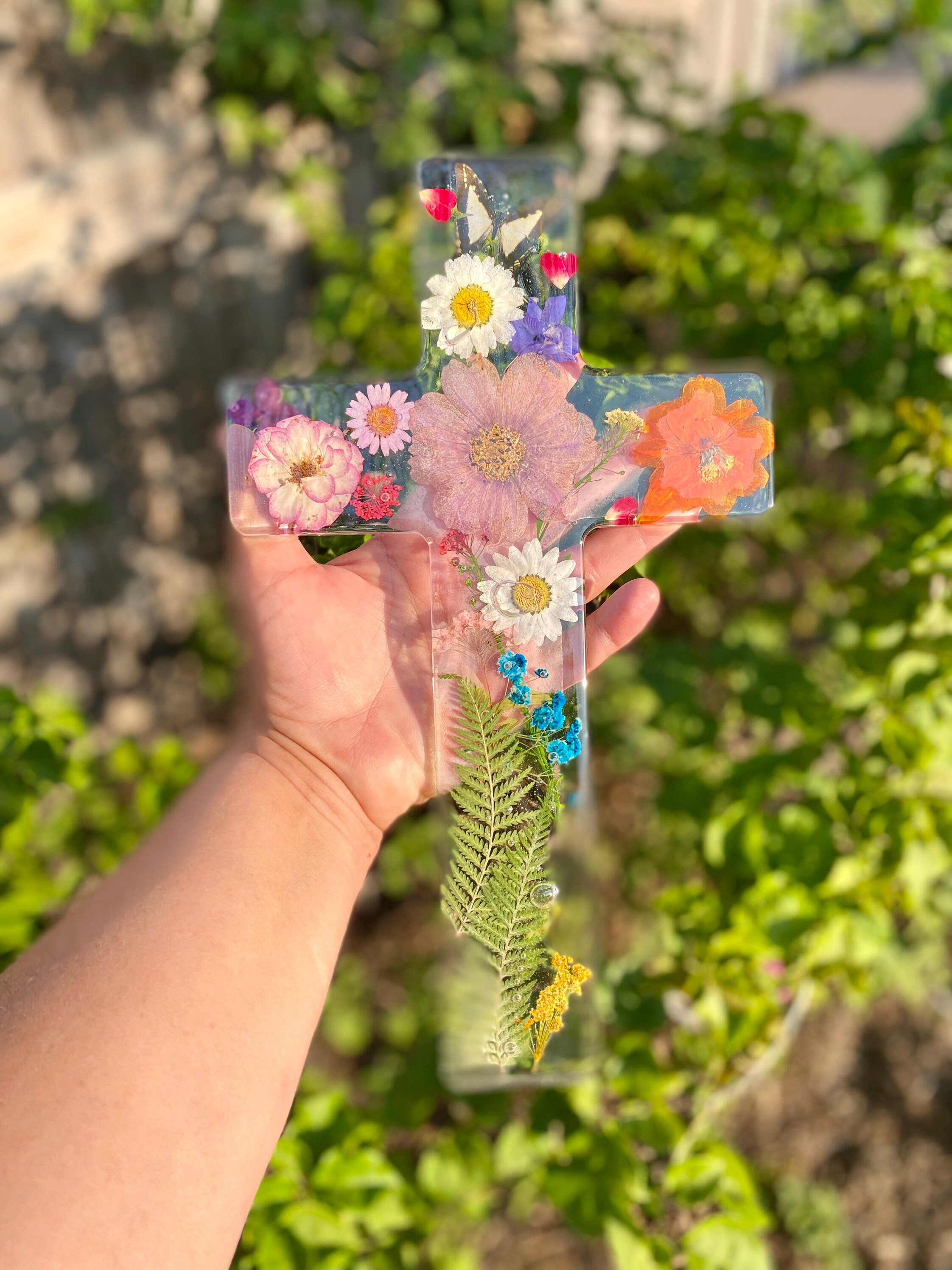 Large Hanging Cross With Pressed Flowers Resin Religious Wall Etsy