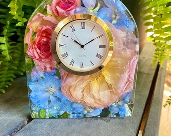 Custom bouquet preservation, Mantle clock with dried flowers, Funeral flowers keepsake, Wedding flower keepsakes.