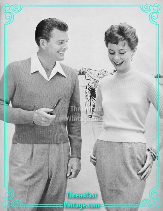 Vintage Women's Striped Collar Button-Up Sweater Knitting Pattern PDF 1954