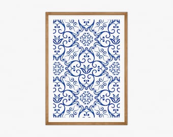Azulejo Portuguese tiles print, Blue floral poster, Moroccan tile art, Spanish tiles, Blue Wall Art