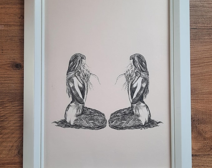 Surreal Feminine Ink Drawing. Dual reflection art print, emotional expresssion, black and white illustration.