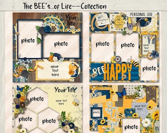 Bee's of Life Quick Pages-12x12 PNG pages, Digital Scrapbooking pages