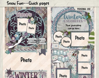 Snow Fun Quick Pages-12x12 PNG pages, Digital Scrapbooking