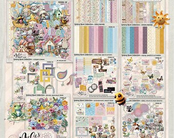 Spring Vibes Collection-Digital Scrapbooking, 12x12 format, PNG & JPEG, 300 DPI for best quality, Springtime, clipart, flowers, Easter