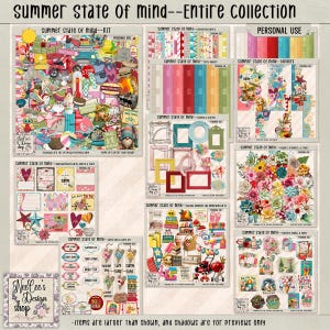 May include: A digital scrapbooking kit titled Summer State of Mind featuring various colorful elements including gnomes, flowers, frames, patterned papers, borders, and journal cards. The collection includes multiple sheets of graphic assets for personal use.