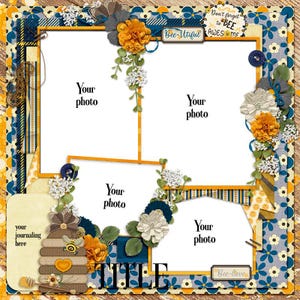 May include: A digital scrapbook template with a bee theme. The template has four photo spaces, a title space, and a journaling space. The template is decorated with yellow and blue plaid, yellow and blue stripes, and floral designs. The text "Bee-utiful", "Don't forget to BEE awesome", and "Bee-lieve" is included in the template.