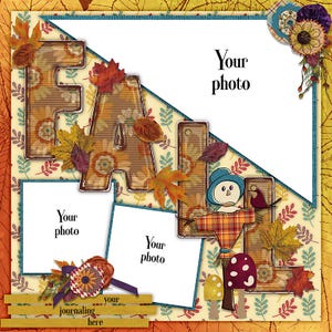 Può includere: Carta da scrapbooking autunnale con un motivo floreale marrone, arancione e giallo. La carta presenta una grande parola "FALL" con uno spaventapasseri e due cornici per foto. Il testo "Your photo" appare nella cornice superiore e "journaling here" appare nella parte inferiore.