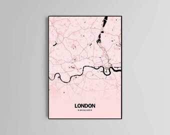 London map wall art prints home decor city of london in pink grey black and white multicolour