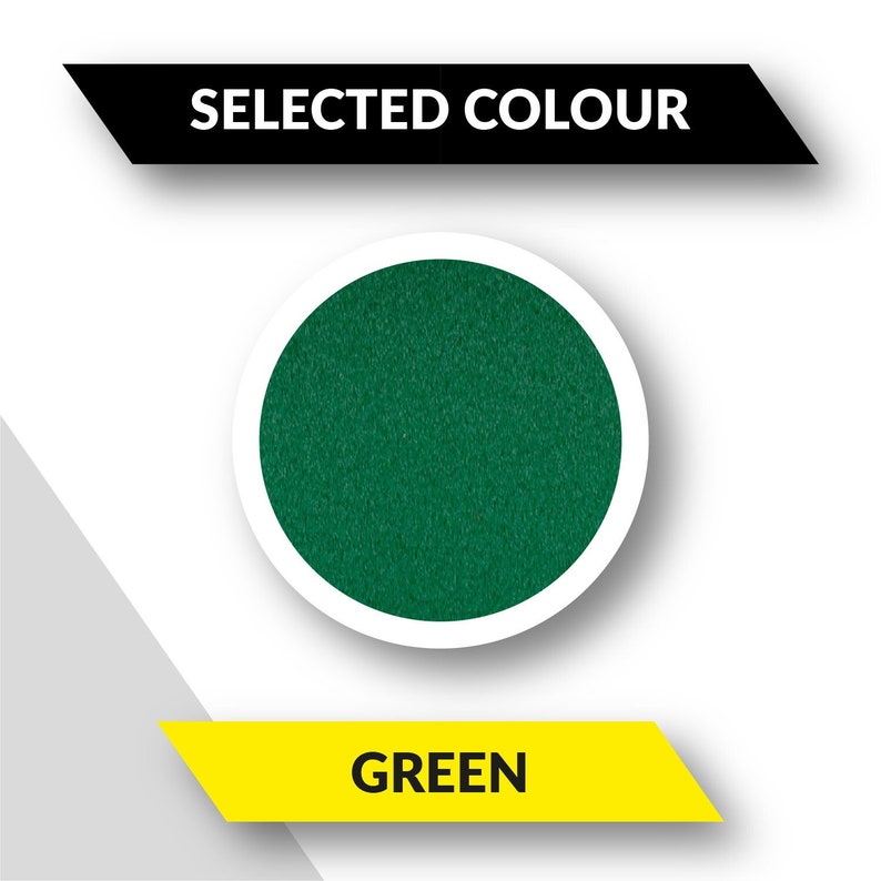 May include: A green circle with the text "SELECTED COLOUR" above and "GREEN" below.