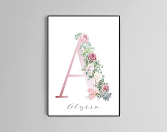 Alphabet letters poster print home wall art decor typography modern flower design