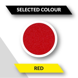 May include: A red circle with the word "RED" in yellow text below it. The circle is surrounded by a white border and has a textured surface. The text "SELECTED COLOUR" is above the circle in black text on a black rectangle.